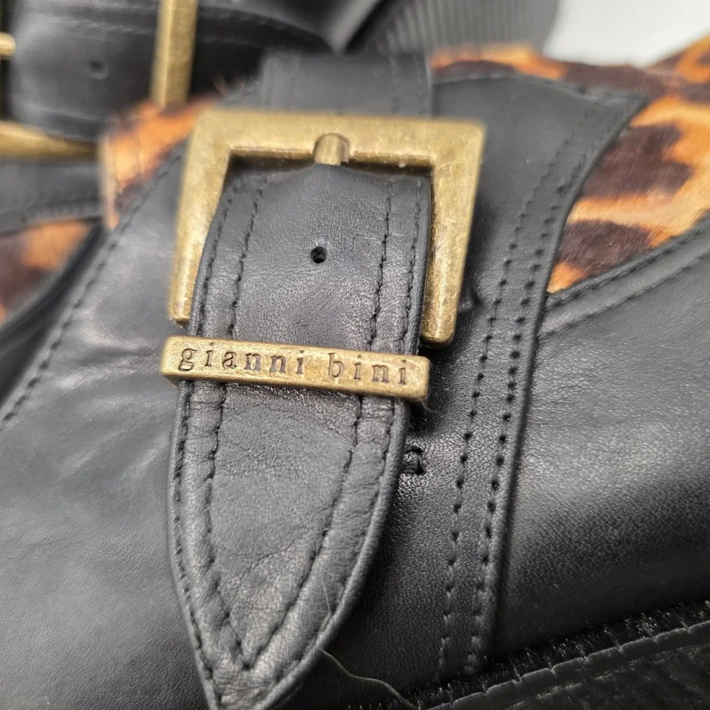 Gianni Bini Leopard‎ Calf Hair Platform Creepers Black Leather Buckle Shoes 9M